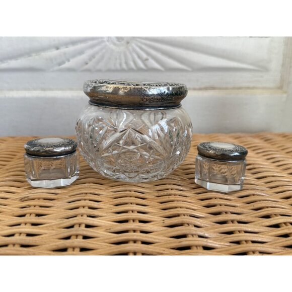 Antique 30's Vanity Jars Cut Crystal Floral Wallace Sterling Silver Tops Set 3 - Picture 14 of 16